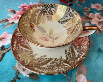 Vintage 1960s Tea Cup Duo Winterling Marktleuthen Gold Leaves Pastel Pink Green Flowers Bavarian Porcelain Coffee Set Saucer Collectible