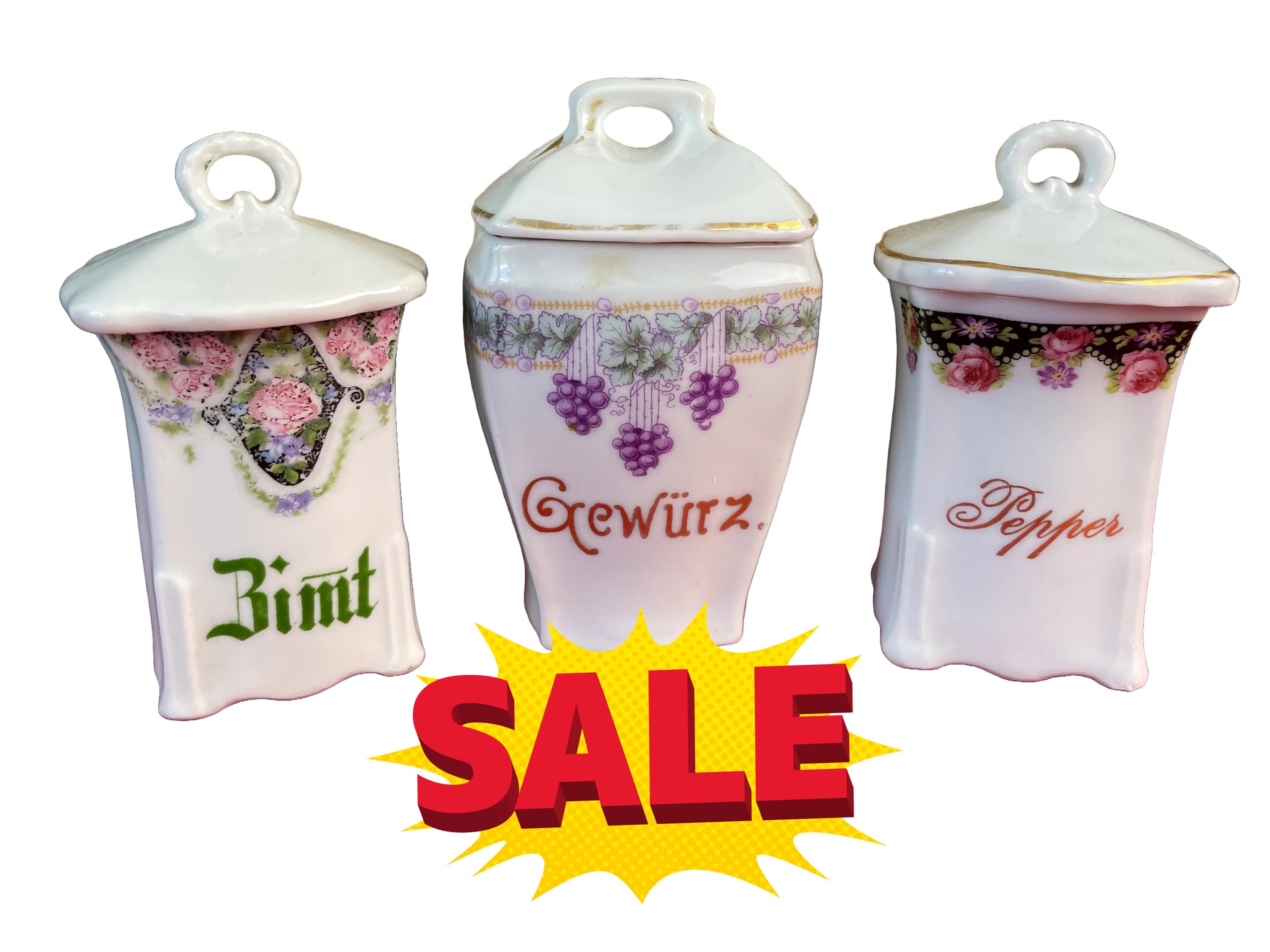 Set of 3 Antique German Spice Jars – Mismatched Porcelain Cannisters – Art Nouveau Zimt, Pepper, Gewürz with Floral Decor KID HELP