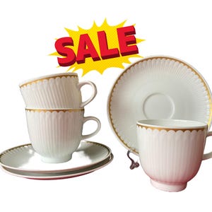 Bavarian Porcelain Cup & Saucer Set from Hutschenreuther – 8 / 9 Sets Elite Peseta White and Gold Vintage – 1960s German Coffee or Tea Set