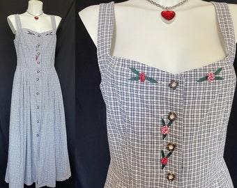 Vintage Dirndl Blue Plaid Sleeveless with Buttons Embroidered Bavarian Folk Dress for Oktoberfest Germany Tyrolean Dress US Size 10