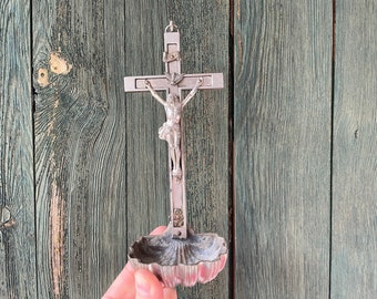 Vintage Holy Water Font with Crucifix & Shell Wall Hanging Stoup Silver Metal Catholic Gift Idea Religious Home Altar Jesus Cross Wall Art