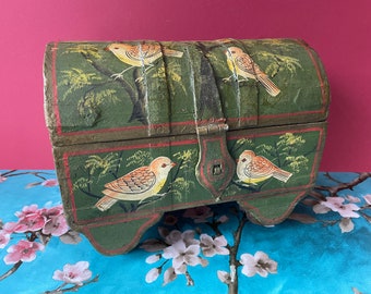 Antique Trinket Box on Wheels Domed Travel Trunk Lid Unique Handmade Painted Wood Jewelry Box Storage Folk Art Rustic German Bavaria