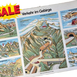 Vintage German School Chart – Mountain Traffic Poster – 1970s Bavarian Alps Road & Tunnel Print – Retro Educational Wall Art