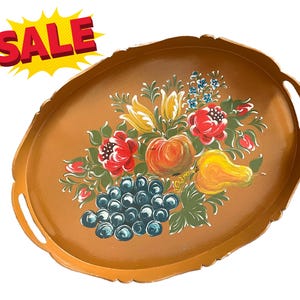 Hand Painted Bauernmalerei Tray – Large Vintage German Folk Art with Fruit & Floral Design – Wood Vanity or Wall Tray with Handles