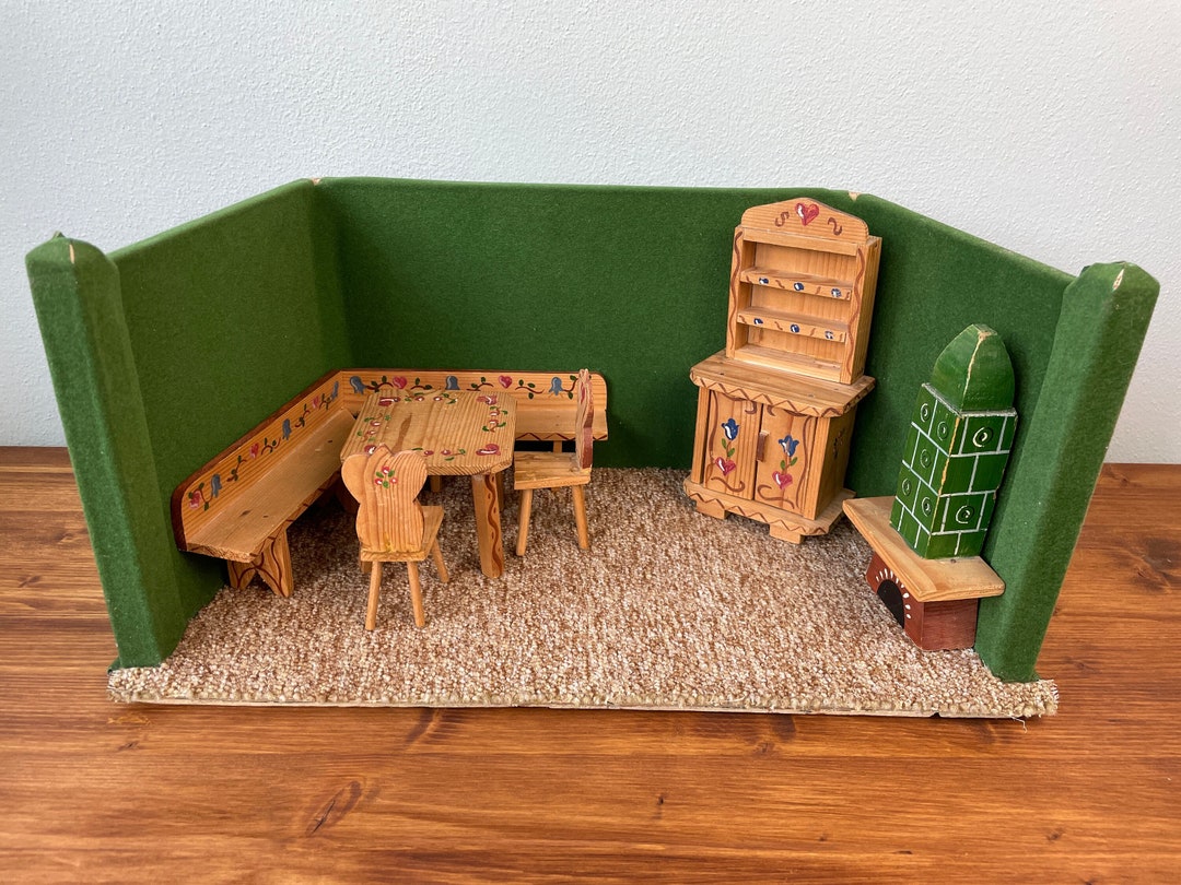 Vintage German Dollhouse Furniture for Living Room Miniature Bauernmalerei Bavarian Table Chairs