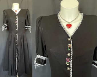 Vintage Black Dirndl Embroidered Dress Bavarian Button Front Oktoberfest Black White Gingham Check Germany Austrian Festival Dress Trachten