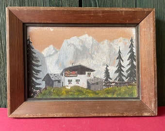 Vintage Alpine View Framed Painting Alpine Mountain Wall Art from Bavarian Germany Chalet Wall Hanging Picture Handmade Boho Decor Farmhouse