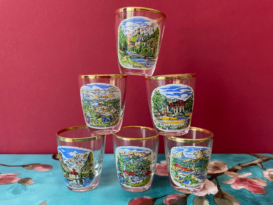 Vintage Bavarian Schnapps Glasses Set 6 German Travel Souvenirs Barware