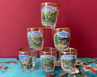 Vintage bayerische Schnapsgläser Set 6 Deutsche Reise Souvenirs Barware Schnapsglas Goldrand Vergoldung Geschenkidee Berchtesgaden
