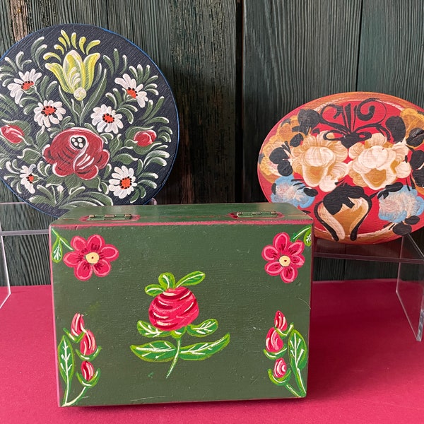 Vintage Set 3 Trinket Boxes Painted Wood Bauernmalerei Folk Art Handmade Lidded Jewelry Chipwood Box German Bavaria Rustic Gift for Dad