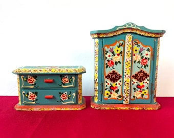 Vintage Dora Kuhn Wardrobe or Chest of Drawers Furniture Bedroom Dollhouse Miniature Blue Germany Set Painted Wood Bauernmalerei