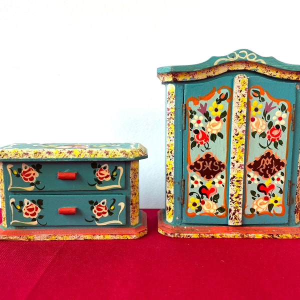 Vintage Dora Kuhn Wardrobe or Chest of Drawers Furniture Bedroom Dollhouse Miniature Blue Germany Set Painted Wood Bauernmalerei