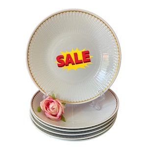 Vintage Set 6 Hutschenreuther Elite Peseta Deep Plates – 1960s German Soup Pasta Bowl Set of 2, 4 – White Gold Rim Textured Porcelain