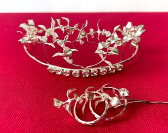 Vintage bruids bruiloft tiara met strass & boutonniere kroon zilveren mirte bladeren art deco Victoriaanse Duitse Europese krans haarstukje