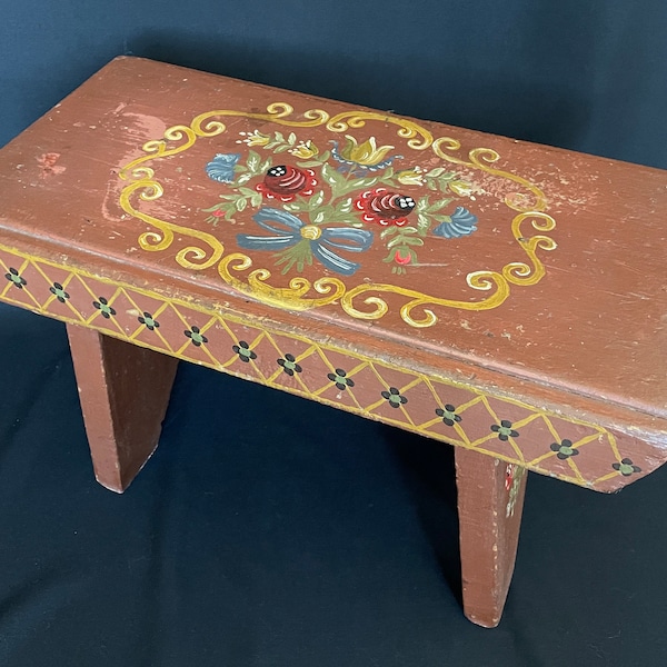 Vintage Foot Rest or Plant Stool with Germany Folk Art Handmade Painted Wooden Step Stool Bauernmalerei Farmhouse Toile Decor 1970s