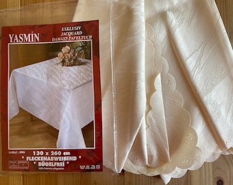 Vintage NEW Tablecloth Cream Damask 51 x 102 inch Stain Resistant Polyester Wood Grain New in Original Package 1990s Off White Decor