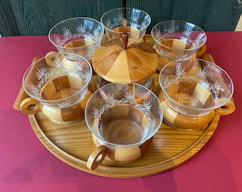 Vintage Wood Tea Set with Serving Tray & Sugar Bowl Two Toned Midcentury 6 Glass Cups Etched Retro Barware Danish Modern Tea Holders Coffee