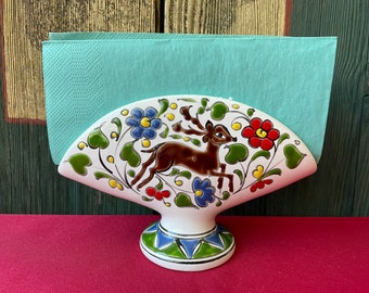 Vintage Napkin Holder from Rhodes Greece Ceramic Handmade Souvenir Painted Mail Holder with Deer Flowers Green Red Blue Greek Kitchen Decor