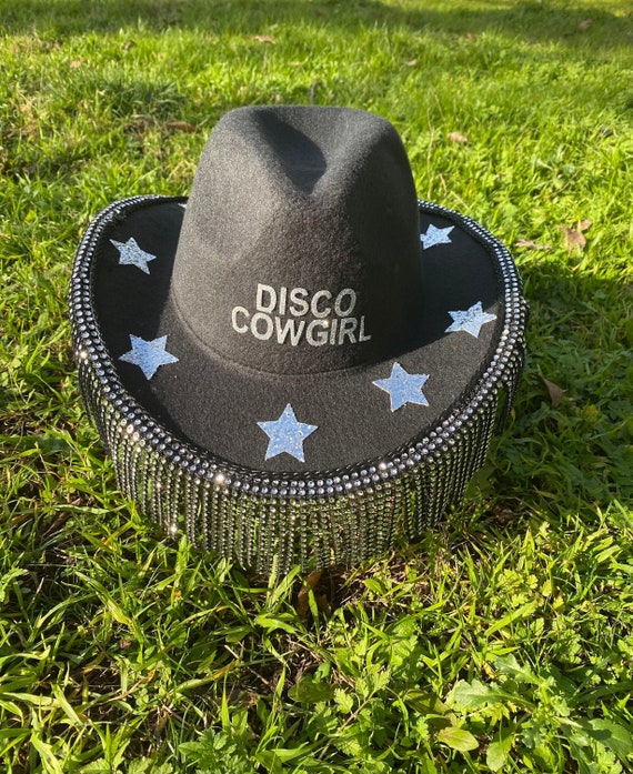 Customizable Black Cowgirl Hat With Rhinestone Fringe photo