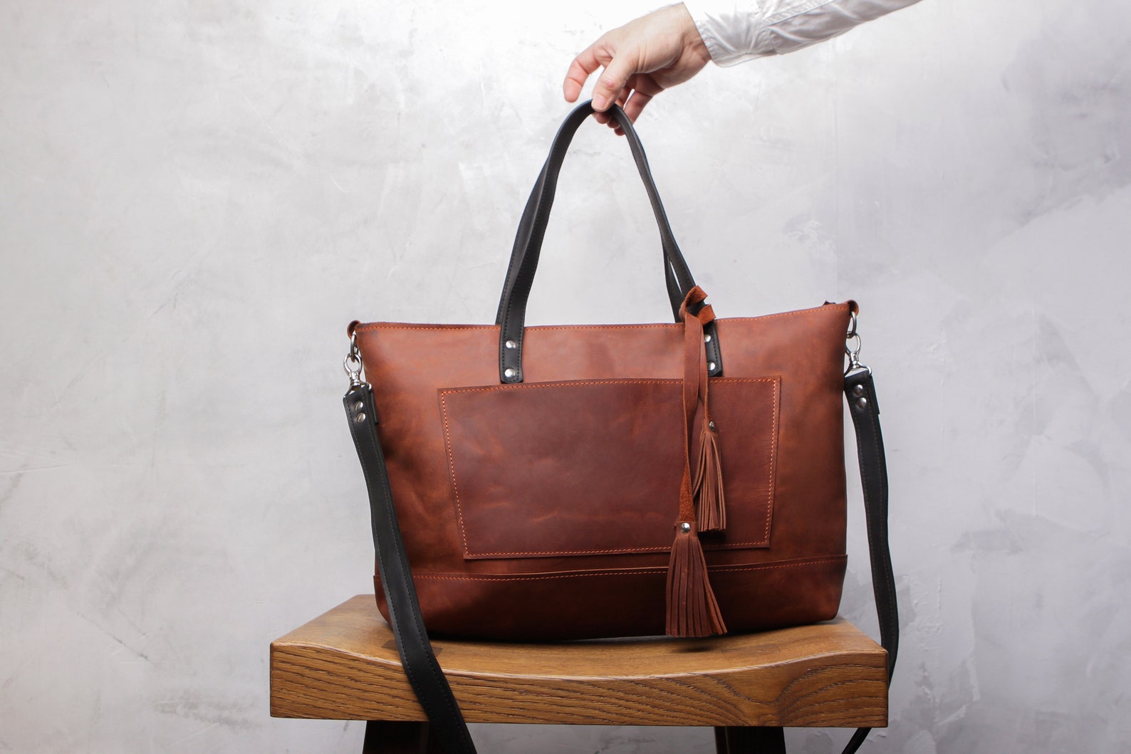 Leather weekender bag women removable strap slip outside | Etsy