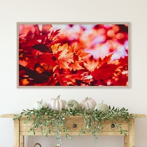 Può includere: Un tavolo console in legno rustico con un cesto di ceppi di legno, zucche bianche e una stampa incorniciata di foglie rosse autunnali.