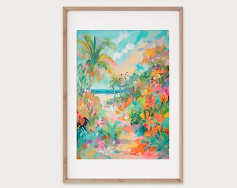 Tropical Beach Digital Art, Colorful Beach Palm Tree Print, Vibrant Wall Art Print, Printable Beach Art, Beach Wall Art, Instant Download