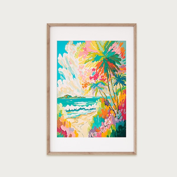 Tropical Oasis Abstract Painting Digital Download, Colorful Tropical Scene Wall Art Print, Beach Wall Art, Ocean Art, Instant Download