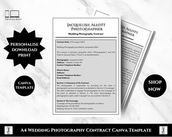 Wedding Photography Contract Template | Client Agreement, A4 (Canva Template)