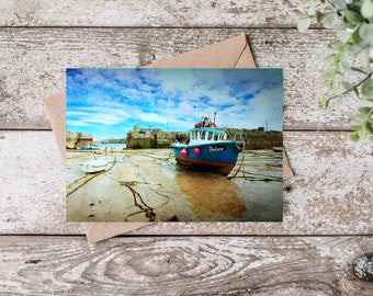Newquay Harbour at Low Tide, Cornwall Greetings Card, Thank You, Note Card, Save the Date, Blank Inside, Single Card, Kraft Brown Envelope