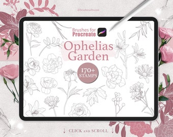May include: A digital illustration of a hand with a snake and flowers wrapped around it. The image is in black and white with a pink background. The text "Ophelias Garden" and "170+ STAMPS" is visible on the image.