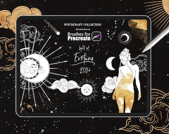 May include: A digital illustration of a collection of brushes for Procreate called "Light of Fortuna" with over 250 brushes. The image features a black background with gold and white accents. The illustration includes a mermaid, a snake, a unicorn, and a woman with a crescent moon behind her. The image is set against a starry night sky.