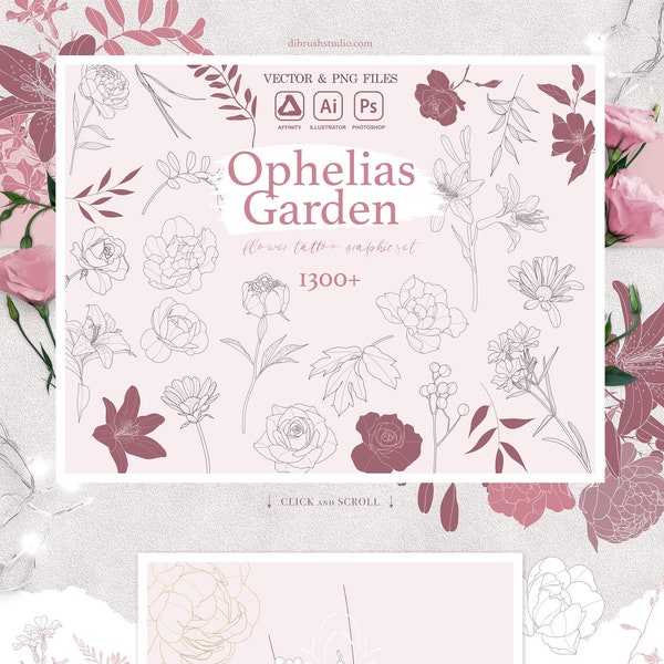 Ophelias Garden - ClipArt & Vector Collection - Flower, Peony, Tattoo, Roses, Wildflower, Fine Line, Frames, Digital Paper, Commercial Use