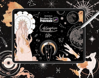 May include: A digital illustration of a tablet screen displaying a collection of 260+ Procreate brushes called "Cassiopeia" with a celestial theme. The image features a woman, a deer, hands, moons, stars, and zodiac symbols in gold and white on a black background.