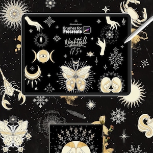 Procréer - Nightfall- 175+ Pinceaux, Tatouage Fineline, Oeil Magique, Lune, Étoiles, Sorcellerie, Phases de Lune, Sorcière, Sorts, UTILISATION COMMERCIALE