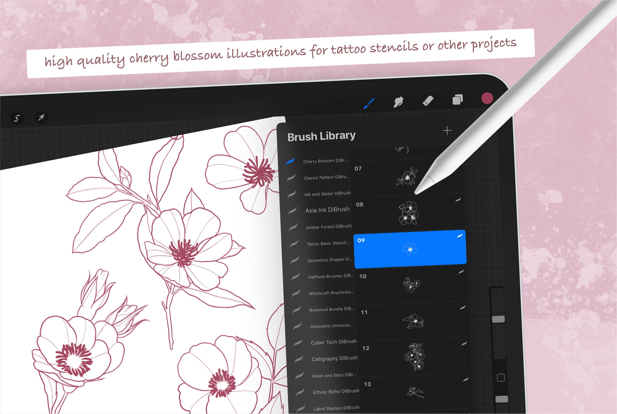 50 Procreate Brushes - Cherry Blossom Tattoo Set - Stamp Template ...