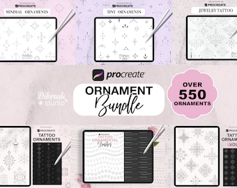 May include: A digital illustration bundle for Procreate featuring over 550 ornamental designs. The bundle includes five sets of ornaments: Minimal Ornaments, Tiny Ornaments, Jewellery Tattoo, Tattoo Ornaments, and Tattoo Ornamental Brushes.