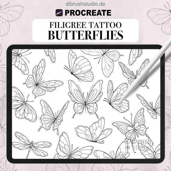 Procreate • Filigranowy tatuaż z motylami • Pieczątki Fineline Butterfly • Do użytku komercyjnego • Pędzle Procreate