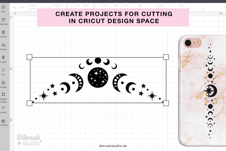 May include: A black and white design of moons and stars in a Cricut Design Space project. The design is shown on a white grid background with a pink banner at the top that reads "CREATE PROJECTS FOR CUTTING IN CRICUT DESIGN SPACE".