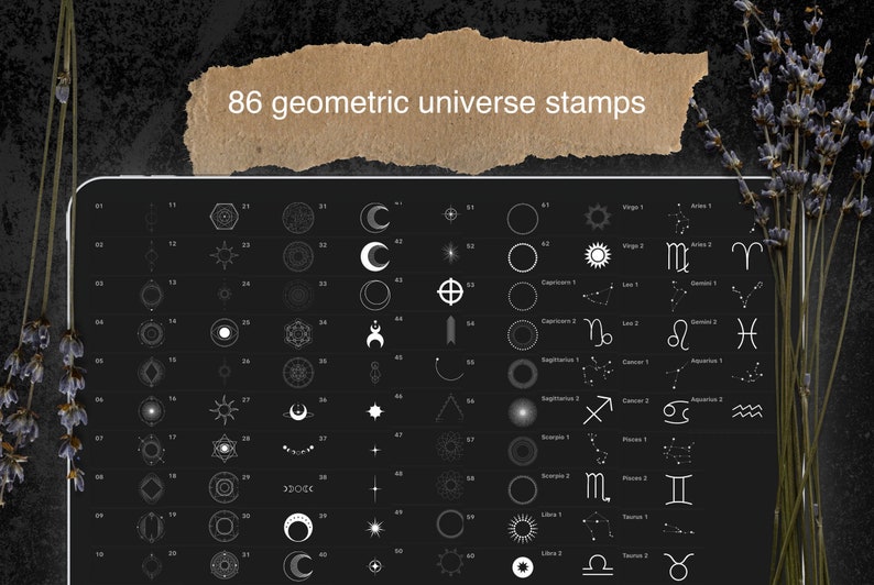 Procreate Geometric Universe Stamps Brushes, Tattoo, Moon, Astronomy, Galaxy, Constellations, Zodiac COMMERCIAL USE image 3