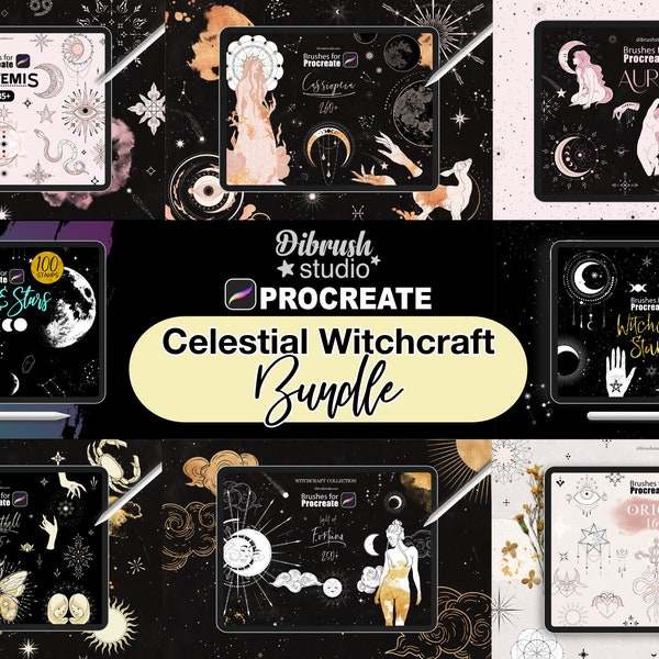 Procreate Bundle Witchcraft Celestial Brushes, Fineline Tattoo, Magic Eye, Tarot, Moon, Stars, Celestial, Wicca COMMERCIAL USE