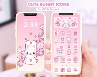 Schattige Bunny App Iconen iOS & Android / Roze Sakura Telefoon Thema / Telefoon App Icon Pack / Kawaii Esthetische App Iconen / Cherry Blossom App Iconen
