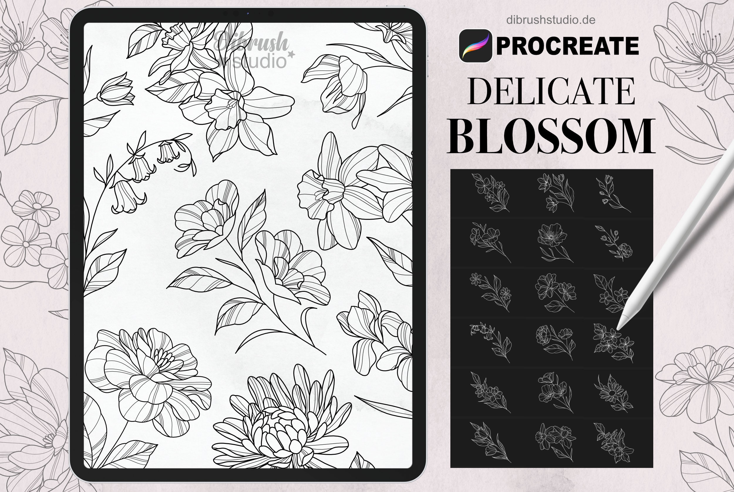 Procreate - Delicate Blossom, Filigree Flowers Tattoo Fineline Stamps -  Commercial Use, Procreate Brushes
