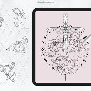 Procreate - 100 Peony Tattoo Stamps - Commercial Use, Procreate Brushes ...