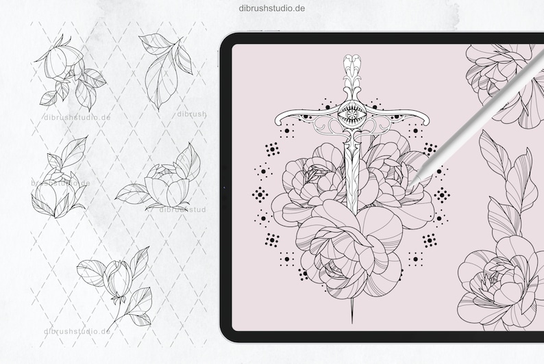 Procreate - 100 Peony Tattoo Stamps - Commercial Use, Procreate Brushes ...