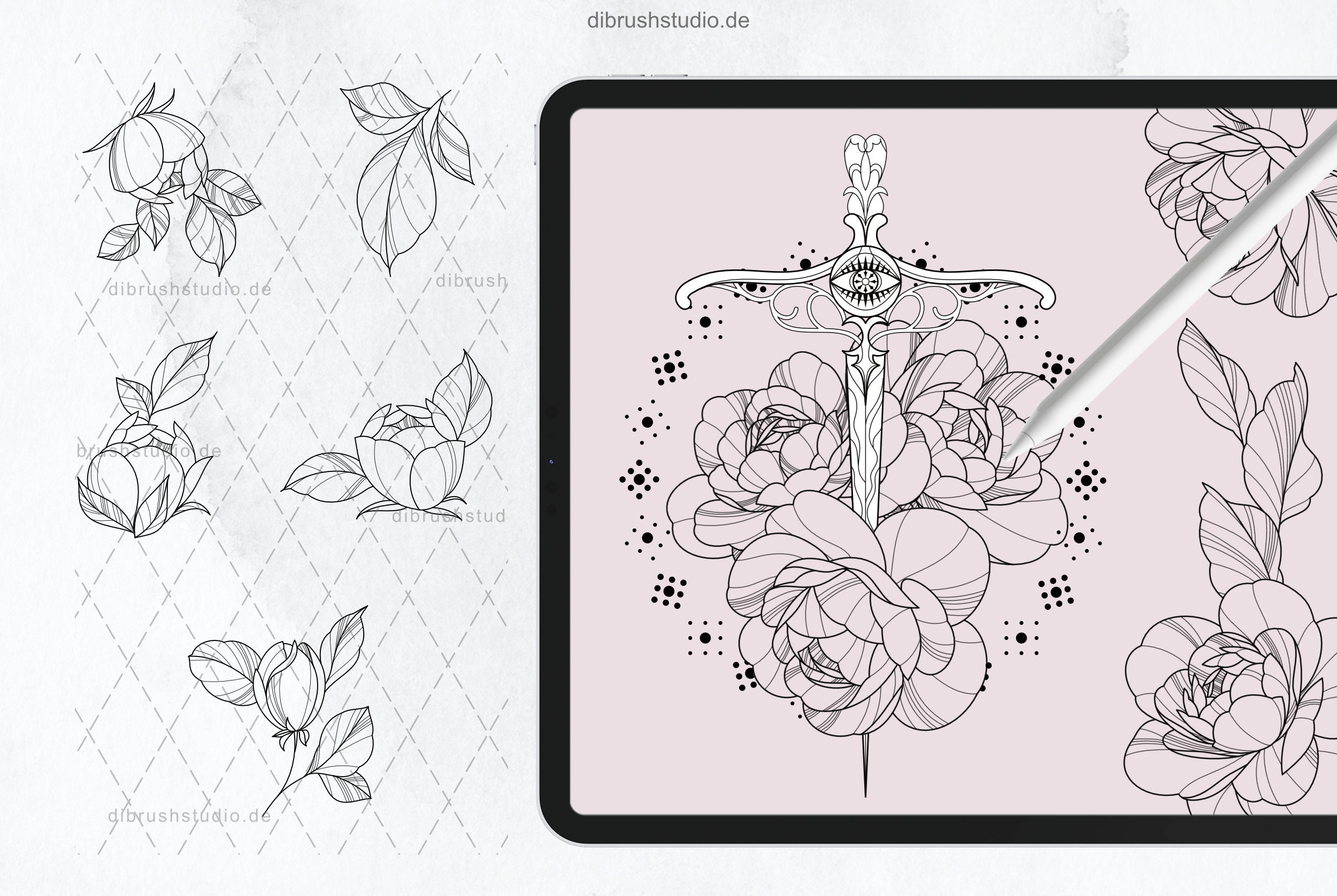 Procreate - 100 Peony Tattoo Stamps - Commercial Use, Procreate Brushes ...
