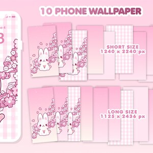 May include: Ten phone wallpapers featuring a pink and white checkered background with a white bunny and pink cherry blossoms. The text "SHORT SIZE 1240 x 2240 px" and "LONG SIZE 1125 x 2436 px" is included in the image.