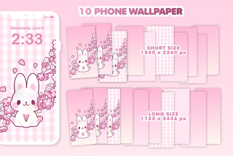 May include: Ten phone wallpapers featuring a pink and white checkered background with a white bunny and pink cherry blossoms. The text "SHORT SIZE 1240 x 2240 px" and "LONG SIZE 1125 x 2436 px" is included in the image.