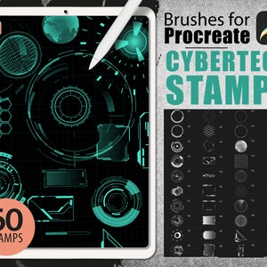 60 pinceaux procréer - Cyber Tech Stamp Tattoo Pattern Brush Ingénierie décorative Matériel informatique Technologie Hologramme Futuriste