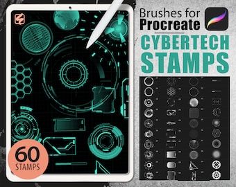 60 Procreate Brushes - Cyber Tech Stamps Tattoo Pattern Brush Decorative Technology Computer Hardware Elements