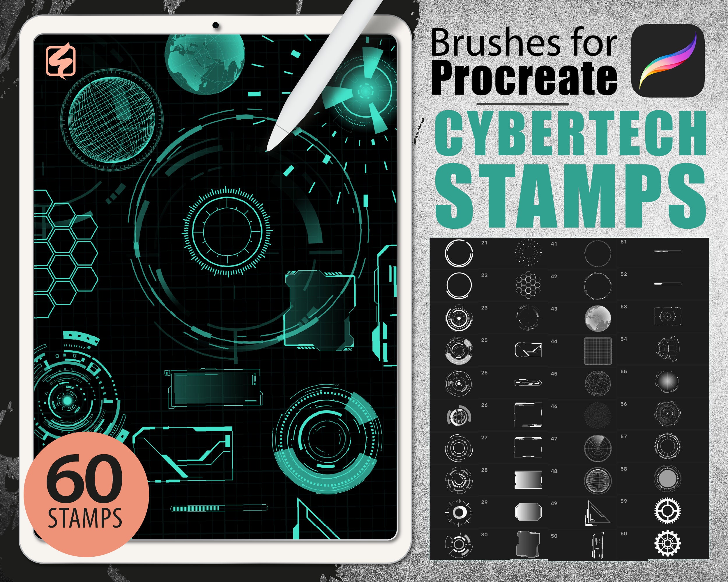 60 pinceles para Procreate – Sellos cyber tech para tatuajes futuristas, UI y patrones de hardware